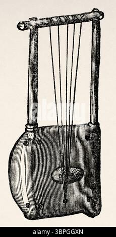 Lyre utilisée par les Mittoo, Soudan du Sud. Afrique. Le coeur de l'Afrique. Trois ans de voyage et d'aventure dans les régions inexplorées de l'Afrique centrale, 1868 à 1871by Georg August Schweinfurth (1836-1925) le Tour du monde 1874 Banque D'Images