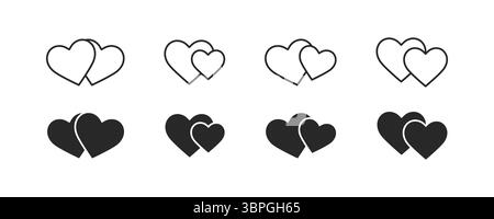 Icônes de coeur représentant l'amour, la romance, la relation, l'affection et la connexion émotionnelle avec des formes qui se chevauchent dans des variations en noir et blanc Illustration de Vecteur