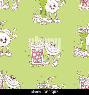 Contour du motif sans couture. Mignon personnage de Guava Groovy avec boisson cocktail smoothie avec glaçons et feuilles de menthe sur fond vert. Drôle de voiture heureuse Illustration de Vecteur