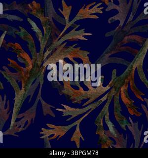 Belles branches d'automne bleu, orange et brun sur un fond bleu foncé, motif floral sans couture. Aquarelle Banque D'Images