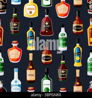 Bouteilles de boisson alcoolisée modèle sans couture. Illustration vectorielle de boissons alcoolisées multicolores sur fond noir. Conception de tissu, papier d'emballage, mode t Illustration de Vecteur