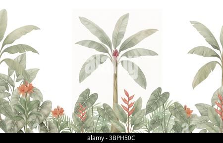 Aquarelle bananier et plantes tropicales avec fleurs rouges - décoration murale botanique exotique Jungle Banque D'Images