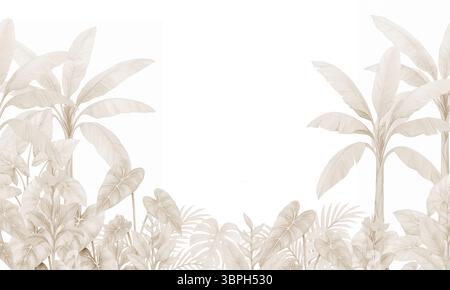 Murale tropicale beige minimale avec des palmiers et du feuillage de la jungle – papier peint botanique neutre Banque D'Images
