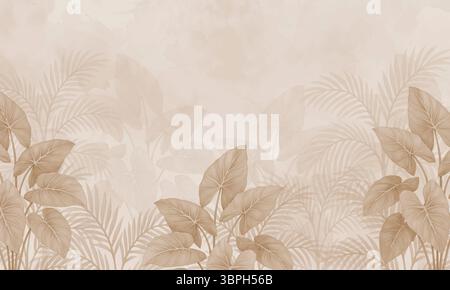 Papier peint tropical beige chaud avec de grandes feuilles – murale botanique dans un style vintage Banque D'Images