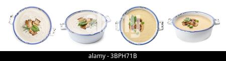Délicieuse soupe à la crème de champignons sur fond blanc, collage. Vue de dessus et de côté Banque D'Images