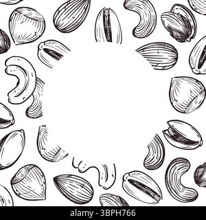 Cadre en noyer carré avec un centre blanc. Noisettes, pistaches, amandes, noix de cajou, tous les objets sont dessinés à la main en vecteur d'encre. Illustration pour l'impression Illustration de Vecteur