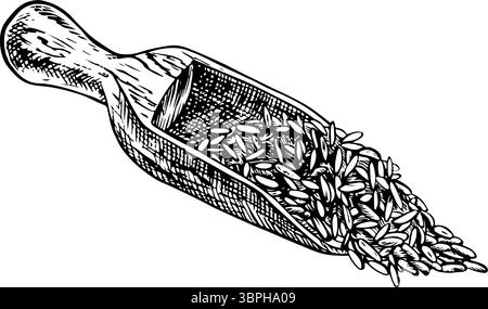 Spatule en bois remplie de riz, blé, avoine ou seigle. Illustration vectorielle en noir et blanc. Élément de conception pour menus, recettes et livres de cuisine, pour Illustration de Vecteur