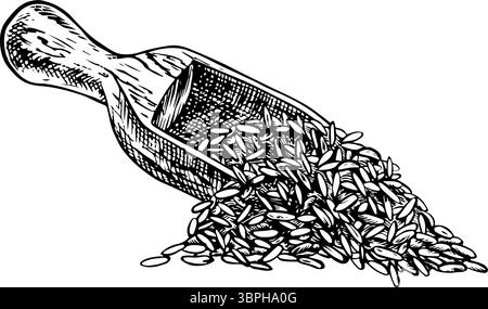 Spatule en bois remplie de riz, blé, avoine ou seigle. Illustration vectorielle en noir et blanc. Élément de conception pour menus, recettes et livres de cuisine, pour Illustration de Vecteur