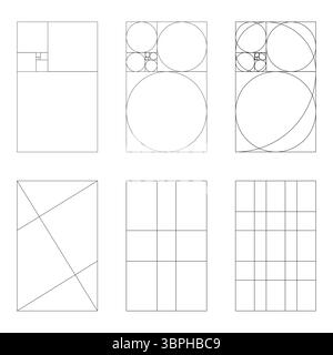 Jeu de modèles de rapport d'or. Tableau de Fibonacci, nombres. Méthode section dorée. Icônes de proportions d'harmonie. Illustration graphique de contour isolée sur un Illustration de Vecteur