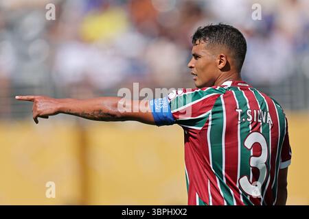 8 juillet 2025 : East Ritherford, NJ, USA ; Thiago Silva de Fluminense gestes pendant le match entre Fluminense et Chelsea FC, en demi-finale de la Coupe du monde des clubs FIFA 2025, au MetLife Stadium Banque D'Images