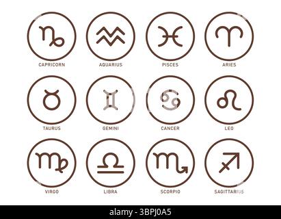 Zodiac Signs Outline Icon clipart Set. Horoscope mois de naissance zodiaque astrologie rond symbole clip art comme Capricorne, Aquarius, poissons et Bélier dessin Illustration de Vecteur