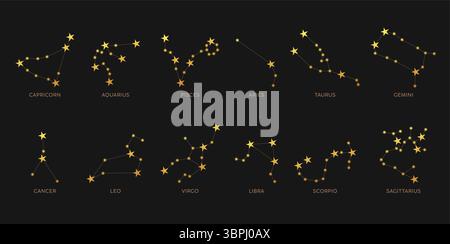 Le zodiaque signe des constellations d'or clipart ensemble. Collection d'étoiles de constellation astrologique dorées et brillantes clip art horoscope symbole en noir Illustration de Vecteur