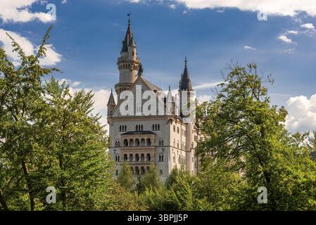 Façade arrière du château de Neuschwanstein entre les arbres Banque D'Images