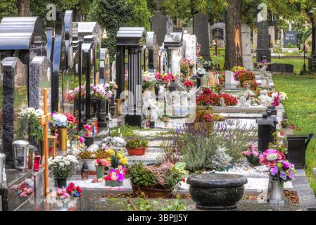 Pierres tombales colorées avec de nombreuses fleurs et des noms non identifiables en vue oblique avec une perspective de point de fuite au centre de Vienne ce Banque D'Images