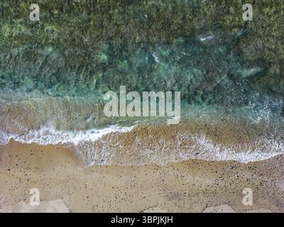 Drone aérien vue sur la plage tropicale de l'océan à Lombok, Indonésie avec gradation de l'eau et de la plage, vagues Banque D'Images