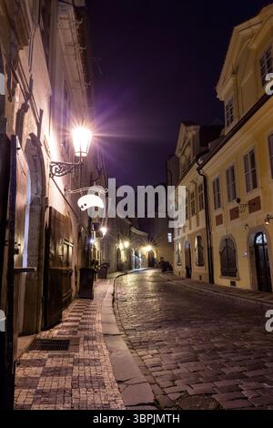 La rue pavée de style plat brille la nuit, avec des lanternes, des volets et un support de signalisation Banque D'Images