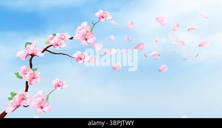 Branche de fleur de sakura réaliste avec des fleurs de cerisier rose sur le ciel bleu - pétales flottant dans le vent, scène de floraison printanière. Arbre japonais avec des feuilles vertes, étamines rouges. Nature bg pour la célébration saisonnière. Illustration de Vecteur