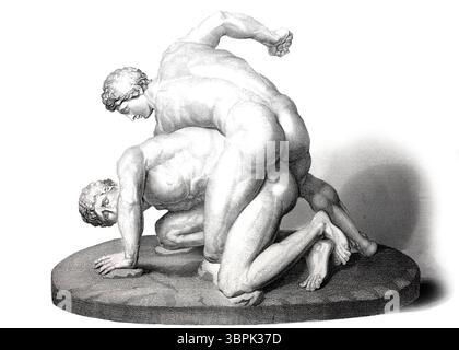 Les lutteurs Uffizi ou les deux athlètes, célèbre sculpture romaine en marbre, Galerie des Offices à Florence, représentant un match de lutte, scène de pankration, un art martial grec ancien, Italie, historique, restauré numériquement reproduction d'un original du 19ème siècle Banque D'Images