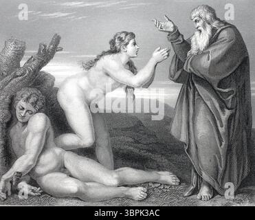 La création d'Eve par Dieu, gravure sur acier d'après un tableau de Michel-Ange, Chapelle Sixtine, Vatican, Rome, Italie, reproduction historique, restaurée numériquement d'un original du xixe siècle Banque D'Images