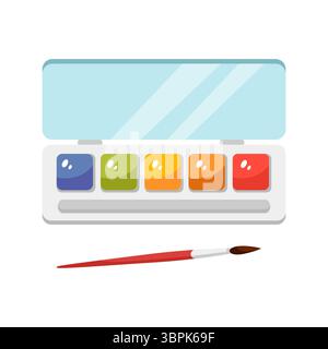 Peintures aquarelle avec pinceau dans le style de dessin animé. Alimentation en art. Illustration vectorielle dessinée à la main isolée sur blanc. Style de dessin animé, design plat. Illustration de Vecteur