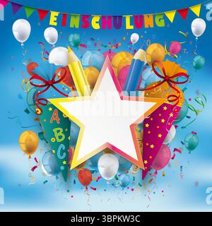 Einschulung Star Label Balloons Confetti lettres crayons Bleu SK texte allemand Einschulung, traduire inscription Banque D'Images