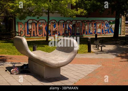 19 juin 2020, Bloomington, Indiana, États-Unis : peinture utilisée pour faire la murale laissée sous une sculpture..les mots, ''Black Lives Matter'' peints sur une murale peinte en 2017, disant : ''Bienvenue à Bloomington vous appartenez ici !'' Au Parc des peuples, peu avant 13h30 (crédit image : © Jeremy Hogan/SOPA images via ZUMA Wire) Banque D'Images