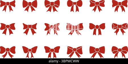 Jeu d'icônes silhouette de noeud rouge. Boucles de ruban décoratif pour l'emballage cadeau, la mode et la collection de symboles d'occasions festives. Design élégant et élégant Illustration de Vecteur