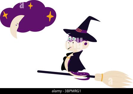 Sorcière Snake dans chapeau et manteau volant sur balai et demi-lune nuage et étoiles décoratives caractère mignon. Illustration vectorielle isolée cartes thématiques d'Halloween invitations ou bannière promotionnelle, dépliant, étiquette, étiquette Illustration de Vecteur