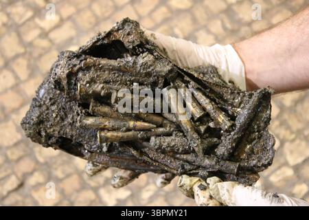 24 juin 2020, Jérusalem, Israël : des archéologues découvrent une réserve de munitions utilisées par les forces jordaniennes pendant la guerre des six jours de 1967 dans une citerne sous les tunnels du mur occidental datant de la période du mandat britannique en Palestine qui a pris fin en 1948. Find comprend 10 magazines complets pour les mitrailleuses légères Bren produites en Grande-Bretagne par Greenwood et Batley Ltd en 1956, des baïonnettes pour les fusils britanniques Lee Enfield et des pièces de fusil. (Crédit image : © Yoli Schwartz - IAA via ZUMA Wire) Banque D'Images