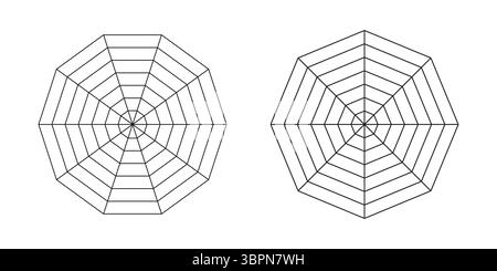 Decagon, graphiques octogonaux. Ensemble de modèles d'araignée radar. Filet d'araignée. Diagrammes Flat Web pour la statistique, l'analyse. Cartes radar vierges. Graphiques vectoriels Illustration de Vecteur