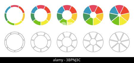 Jeu de tableaux en forme de donut, tartes segmentées sur 7 parties égales. Diagrammes infographie collection multicolore. Roues divisées en sept sections. Section de cercle Illustration de Vecteur