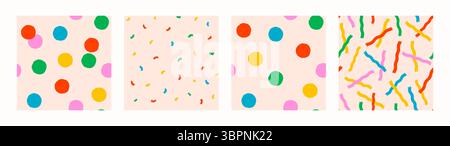 Des points de confettis colorés sans couture et des motifs de streamers sur fond clair. Vecteur de polka et de ruban amusant pour tissu, enveloppe de fête, artisanat pour enfants, ou Illustration de Vecteur