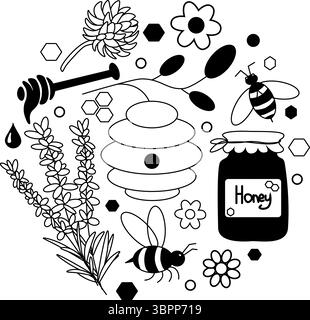 Honey Bees Design rond avec composition noire et blanche. Illustration de ligne graphique vectorielle. Signe de silhouette pour logo, impression, bandes dessinées, mode, pop art, Illustration de Vecteur