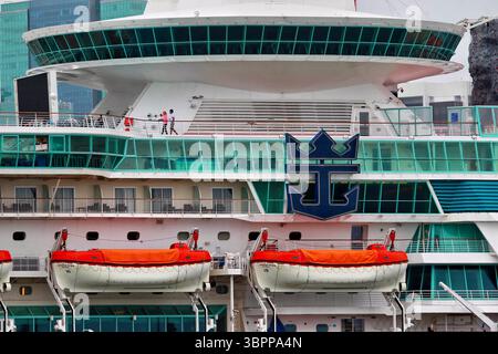 7 juillet 2020, Miami, FL, États-Unis : sous un ciel gris, les gens marchent sur le pont supérieur du Royal Caribbean Majesty of the Seas, un navire de croisière de classe souveraine de 880 pieds amarré au port de Miami le jeudi 14 mai 2020. (Crédit image : © TNS via ZUMA Wire) Banque D'Images