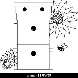 Maison Bee Honeycomb avec tournesols et composition de trèfle. Illustration de ligne graphique vectorielle. Icon Vector design pour graphiques de mode, impressions textiles, Illustration de Vecteur