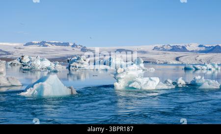 De majestueux icebergs dérivent sereinement dans les eaux cristallines de la lagune du glacier de Jokulsarlon en Islande. Une superbe toile de fond de glaciers et de ciels bleus améliore l'expérience, invitant à l'exploration. Banque D'Images