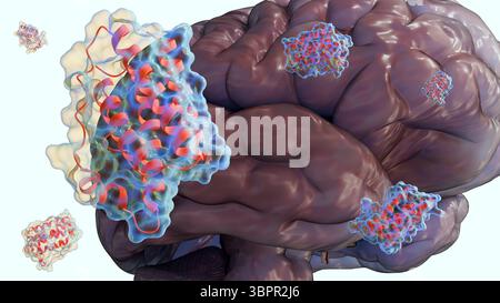 Un rendu 3d des molécules de leptine et du cerveau humain, les mécanismes qui communiquent directement les réserves de graisse du corps au cerveau pour l'appétit Banque D'Images