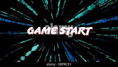 Affichage du texte DE DÉBUT DE JEU sur l'écran numérique avec des traînées et des points bleu sarcelle rayonnant vers l'extérieur Banque D'Images