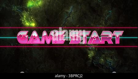 Affichage du texte DE DÉBUT DE JEU rose néon centré dans la conception numérique, avec des lignes cyan, fissures vertes Banque D'Images