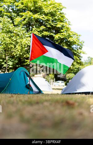 Hanovre, Allemagne. 09 juillet 2025. Un drapeau palestinien flotte dans un camp pro-palestinien à Leibniz Universität Hannover. Crédit : Michael Matthey/dpa/Alamy Live News Banque D'Images