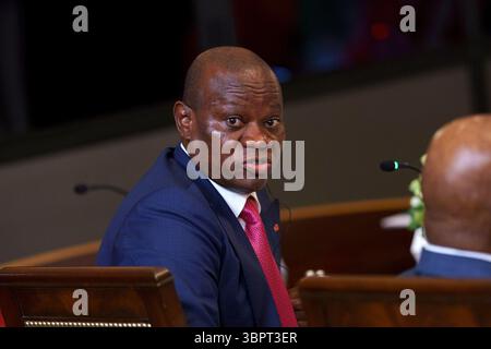 Washington, États-Unis. 09 juillet 2025. Le président gabonais Brice Oligui Nguema prend la parole alors que le président américain Donald Trump rencontre les dirigeants africains à la Maison Blanche, Washington, DC, le mercredi 9 juillet, 2025. le Président Trump rencontre les dirigeants du Gabon, de la Guinée-Bissau, du Libéria, de la Mauritanie et du Sénégal à la Maison Blanche pour discuter du commerce. Photo de Will Oliver/UPI crédit : UPI/Alamy Live News Banque D'Images