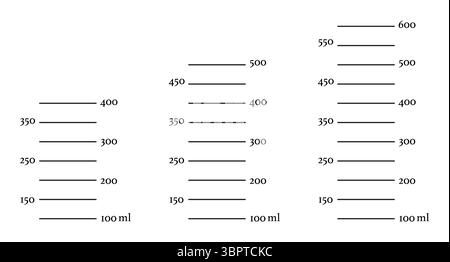 Jeu de balances 400, 500, 600 ml de volume de liquide. Mesure millilitres tasse, pichet à la préparation de la cuisson. Modèle graphique vectoriel. Illustration de Vecteur