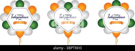 15 août jour de l'indépendance Balloon Frame Vector Design ballons tricolores avec espace texte, modèle de célébration indienne, ballon en forme de coeur et de fleur Illustration de Vecteur