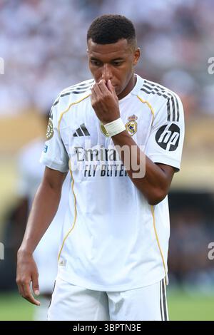 East Rutherford, États-Unis. 09 juillet 2025. Kylian Mbappe du Real Madrid réagit lors de la demi-finale de la Coupe du monde des clubs de la FIFA 2025 au MetLife Stadium à East Rutherford, États-Unis, le 9 juillet 2025. Photo de Chris Brunskill/UPI crédit : UPI/Alamy Live News Banque D'Images