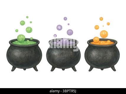 Ensemble de chaudrons d'Halloween avec des potions colorées - Spooky Witch illustration Banque D'Images