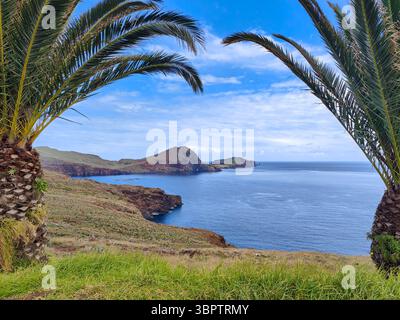 Vue idyllique sur la péninsule de Ponta de São Lourenço. Palmiers, falaises et paysage marin de l'océan Atlantique. Madère, Portugal Banque D'Images