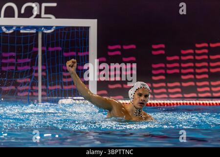 ISTANBUL, TURQUIE - 9 JUILLET 2025 : match du Championnat d'Europe de water-polo masculin U16 entre Turkiye et la Hongrie au complexe sportif Beylikdüzü, Istanbul. Crédits : ahmetozkanPhotography Banque D'Images