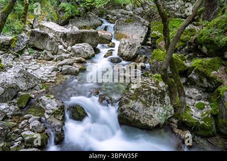Longue exposition d'un ruisseau dans une vallée dans le parc national de Tzoumerka Grèce eaux naturelles nature Banque D'Images