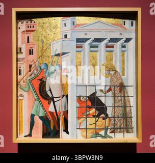 Un panneau religieux tiré des histoires de la vie de St Colmba par l'artiste de Rimini, Giovanni Baronzio. Au musée d'art Pinacoteca di Brera à Milan, Italie. Banque D'Images