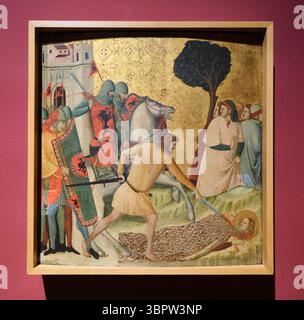 Un panneau religieux tiré des histoires de la vie de St Colmba par l'artiste de Rimini, Giovanni Baronzio. Au musée d'art Pinacoteca di Brera à Milan, Italie. Banque D'Images